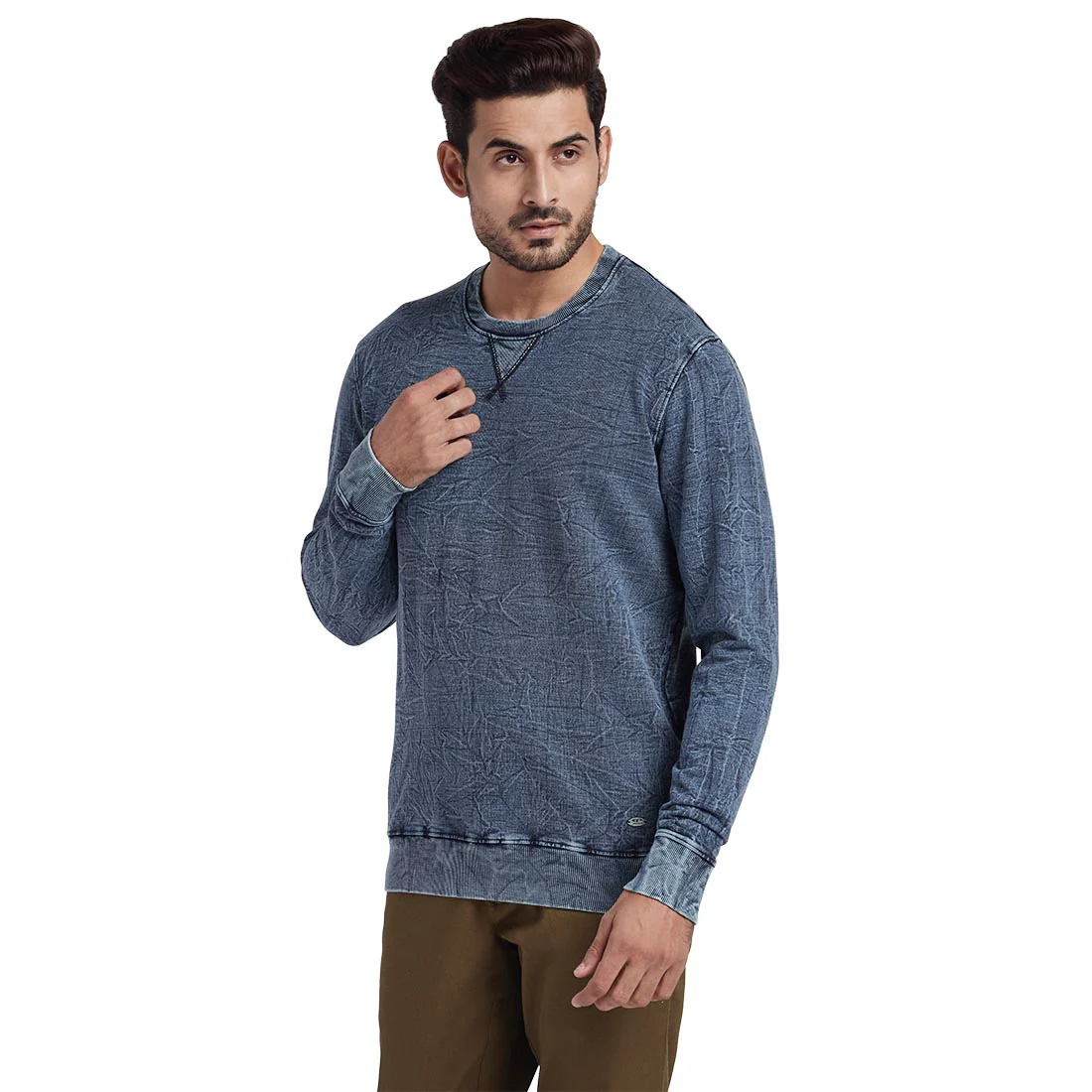 Men Blue Tailored Fit Solid Cotton Full Sleeve Round Collar Sweatshirts - Image 3