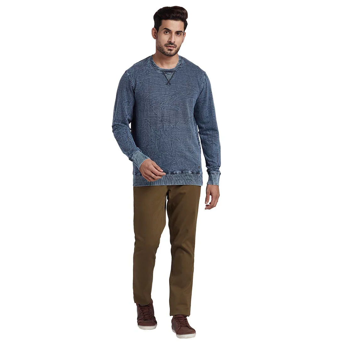 Men Blue Tailored Fit Solid Cotton Full Sleeve Round Collar Sweatshirts - Image 5