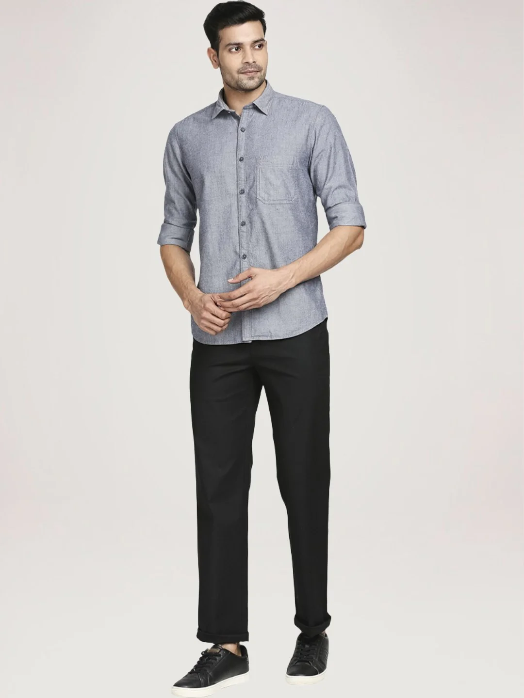 Men Blue Tailored Fit Solid Cotton Full Sleeve Shirts - Image 2
