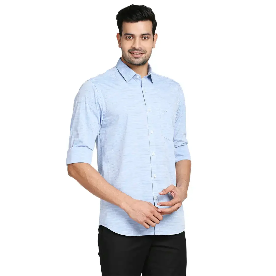Men Blue Tailored Fit Solid Cotton Full Sleeve Shirts - Image 2