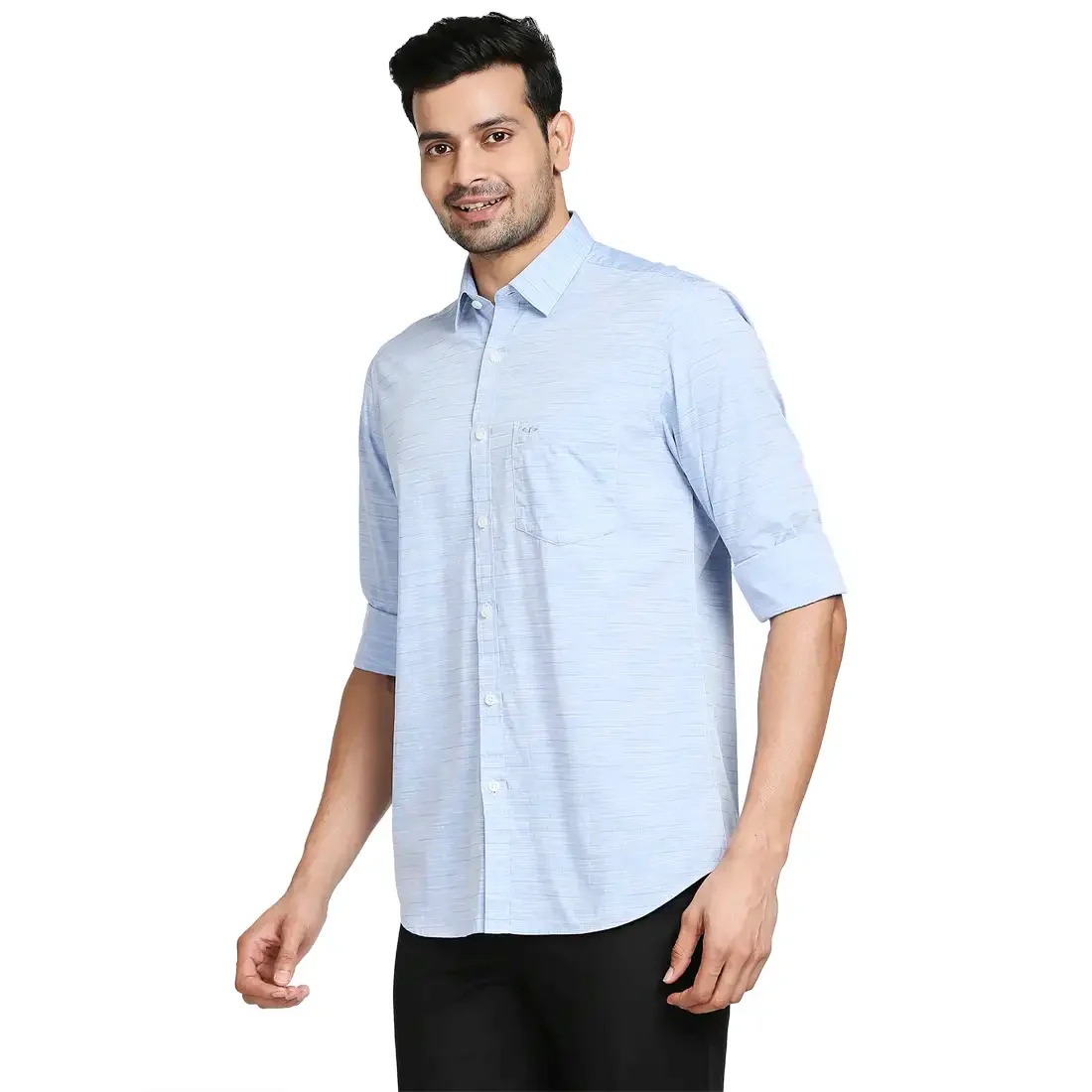 Men Blue Tailored Fit Solid Cotton Full Sleeve Shirts - Image 3