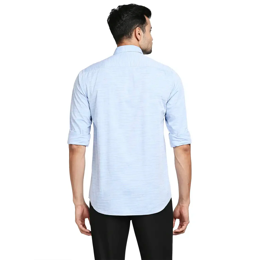 Men Blue Tailored Fit Solid Cotton Full Sleeve Shirts - Image 4