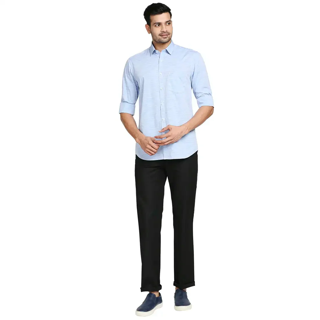 Men Blue Tailored Fit Solid Cotton Full Sleeve Shirts - Image 5