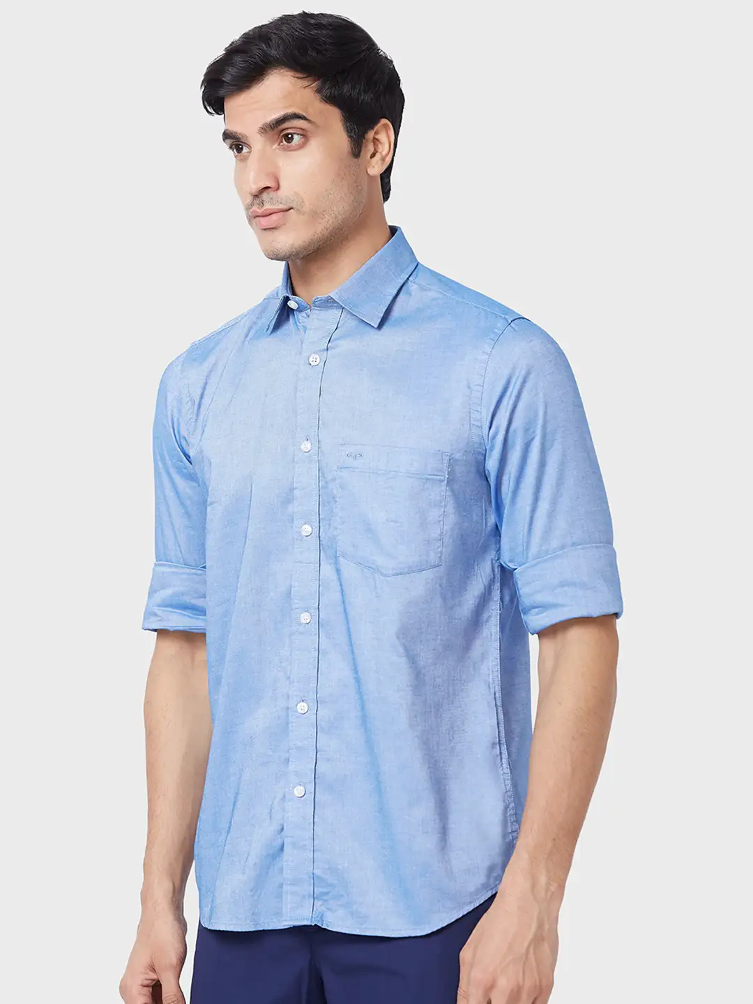 Men Blue Tailored Fit Solid Cotton Full Sleeve Shirts - Image 3