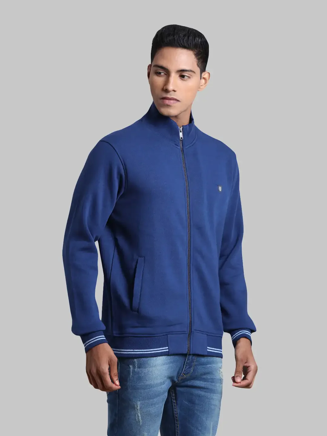 Men Blue Tailored Fit Solid Cotton Full Sleeve Sweatshirts - Image 2