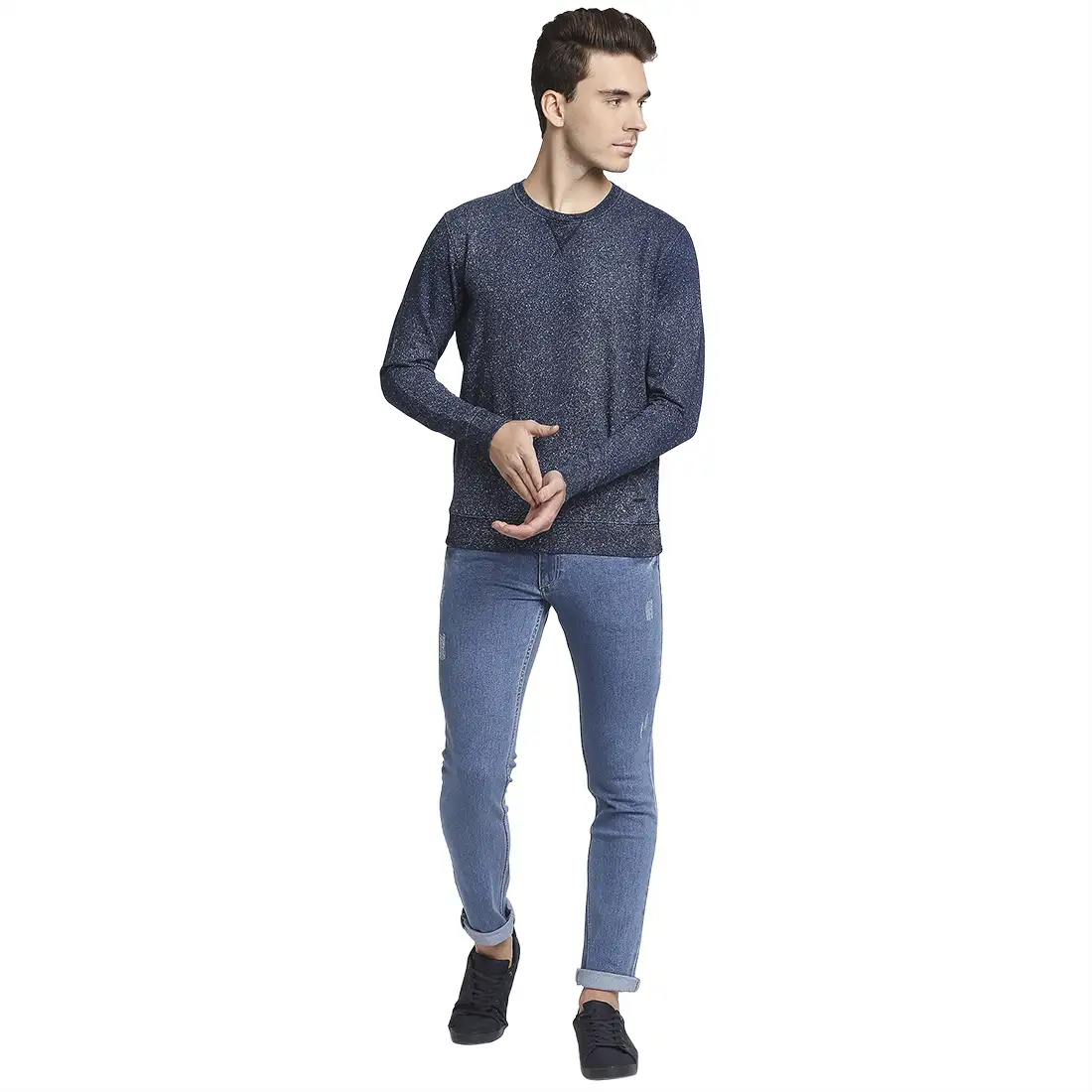 Men Blue Tailored Fit Solid Cotton Full Sleeve Sweatshirts - Image 5