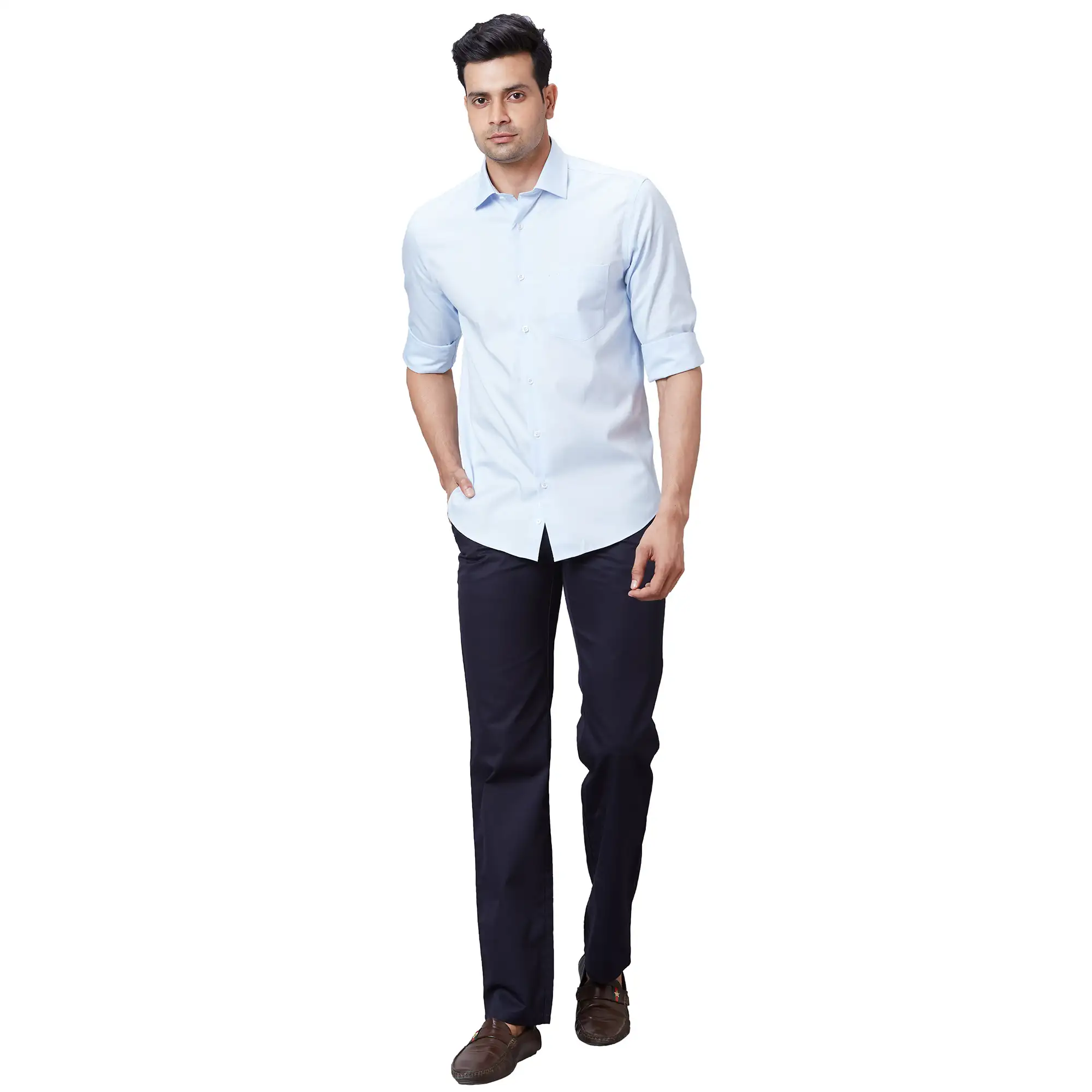 Colorplus Men Blue Tailored Fit Solid Cotton Casual Shirt - Image 5