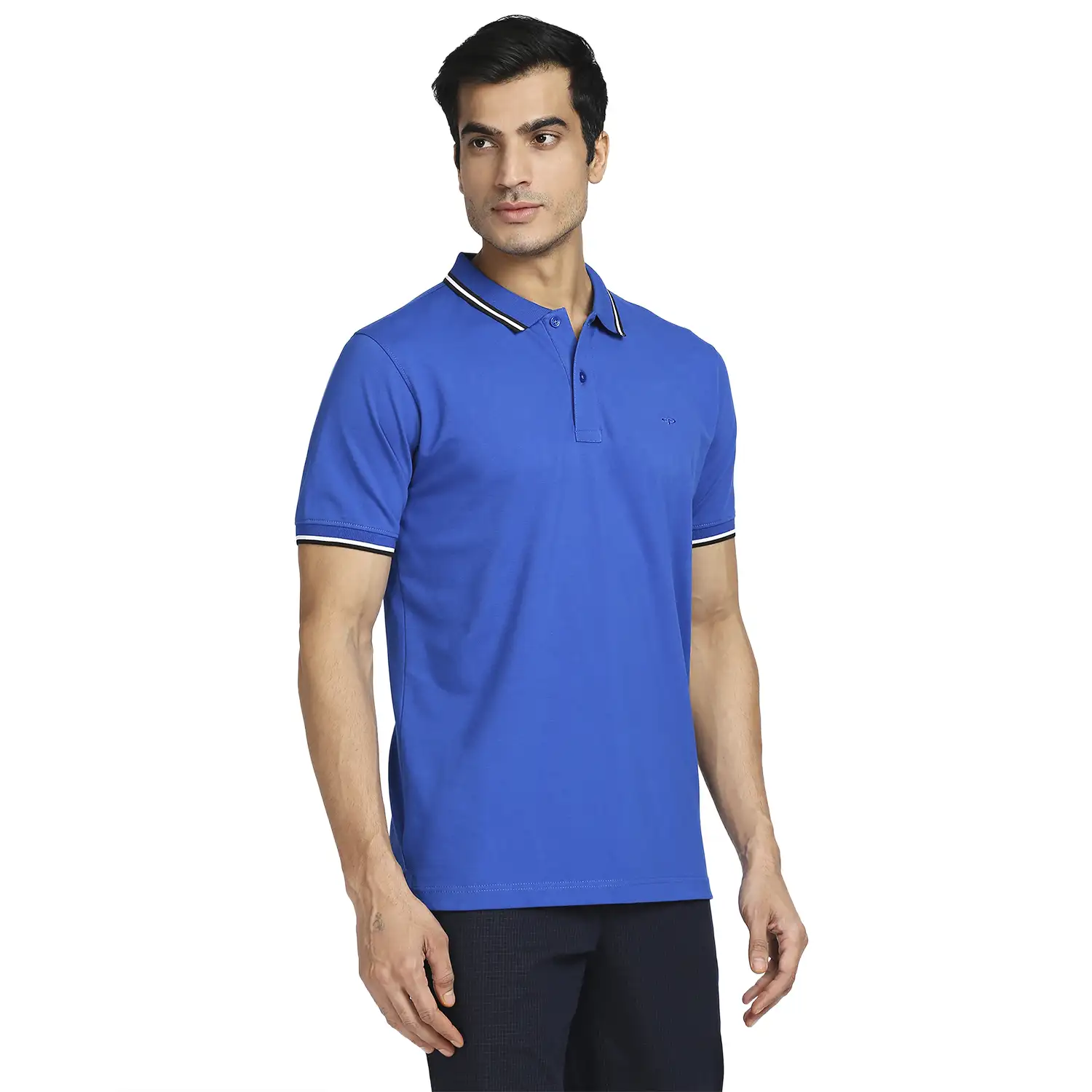 Men Blue Tailored Fit Solid Cotton Half Sleeve T-Shirt - Image 2