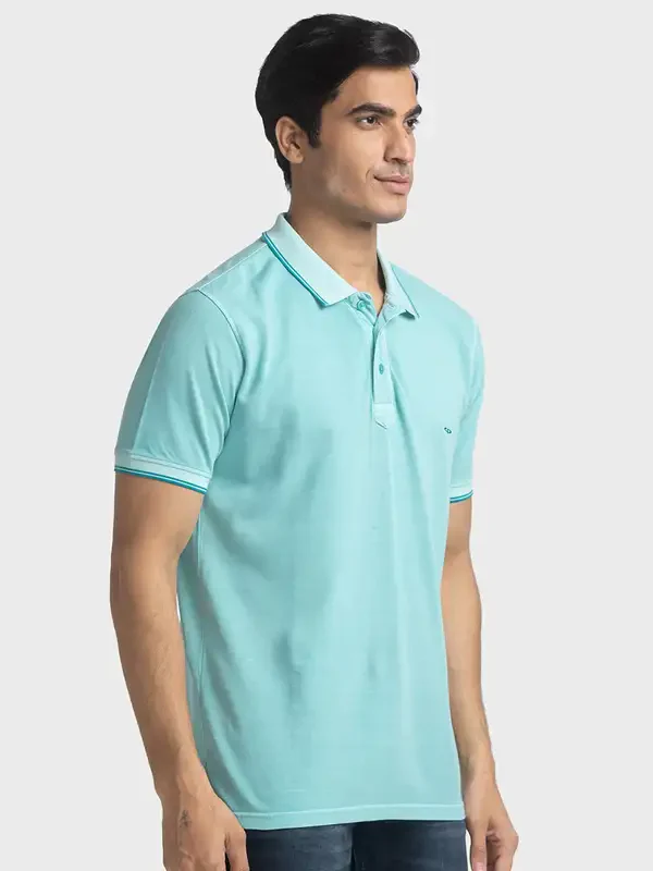 Men Blue Tailored Fit Solid Cotton Half Sleeve T-Shirt - Image 2