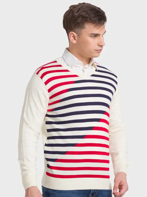 Men Blue Tailored Fit Stripe Acrylic Merino Blend Full Sleeve V Neck Collar Sweaters - Image 2