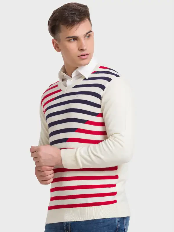 Men Blue Tailored Fit Stripe Acrylic Merino Blend Full Sleeve V Neck Collar Sweaters - Image 3