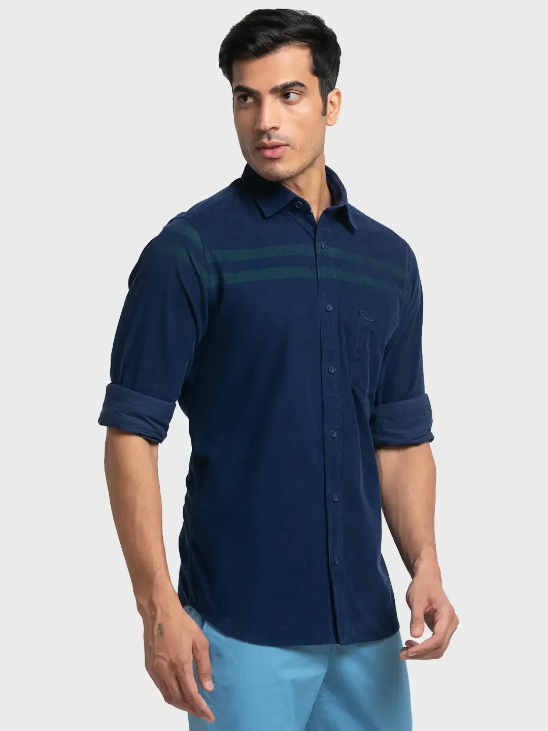 Men Blue Tailored Fit Stripe Cotton Full Sleeve Shirts - Image 2