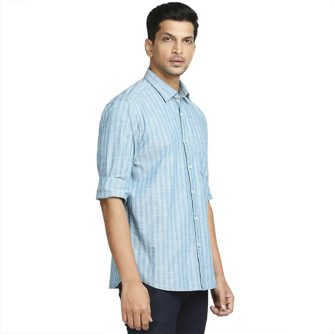Men Blue Tailored Fit Stripe Cotton Full Sleeve Shirts - Image 2