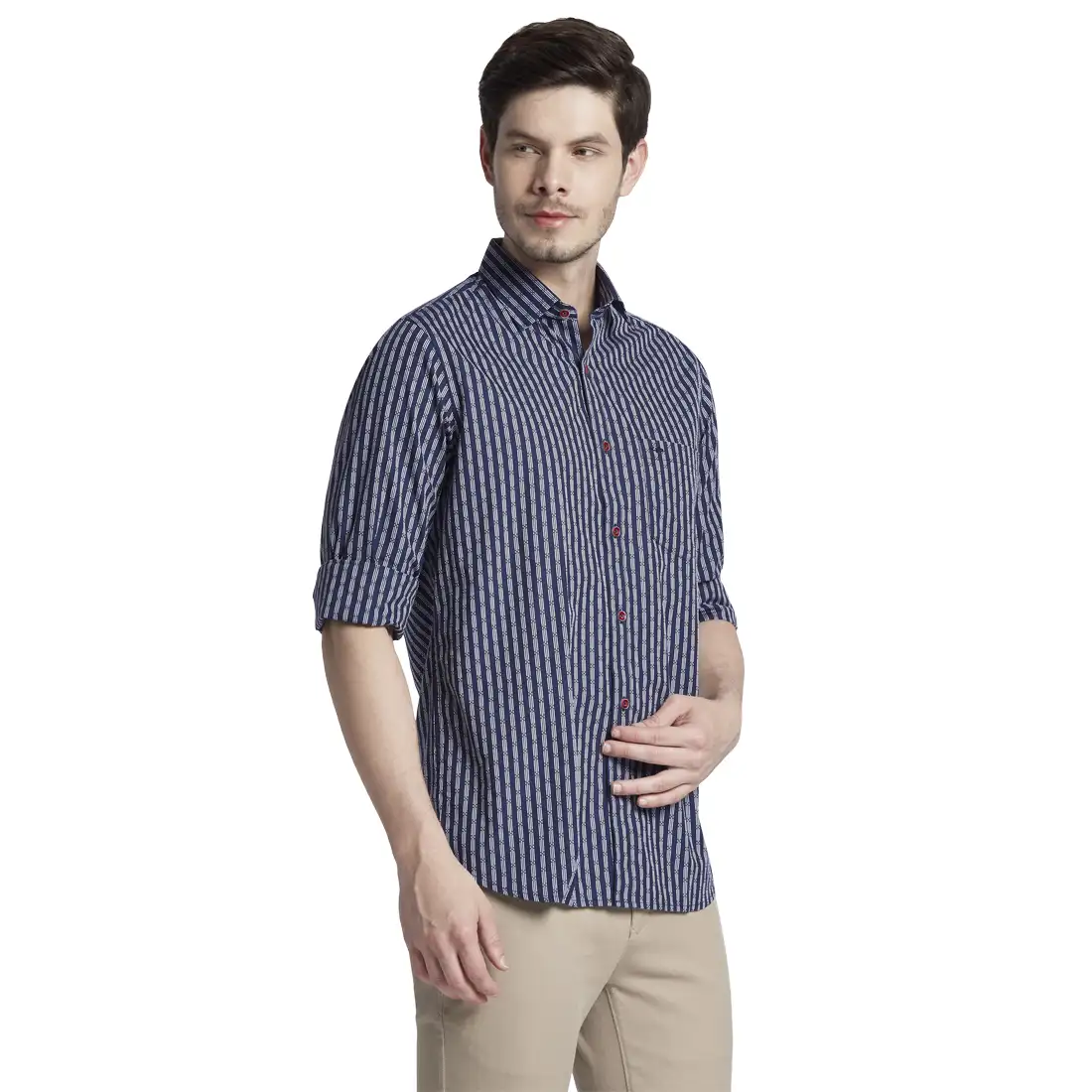 Men Blue Tailored Fit Stripe Cotton Full Sleeve Shirts - Image 2