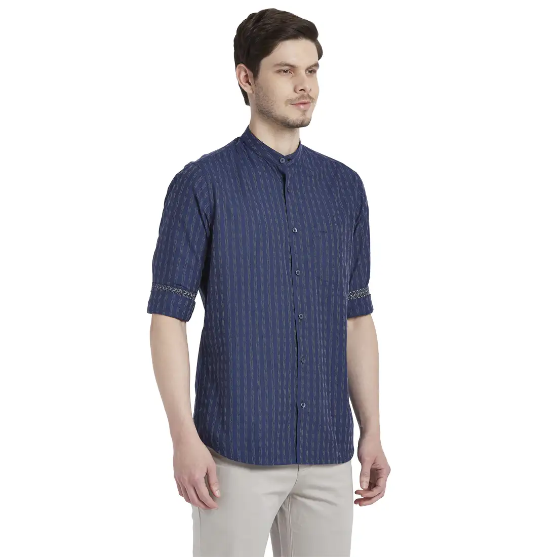 Men Blue Tailored Fit Stripe Cotton Full Sleeve Shirts - Image 2