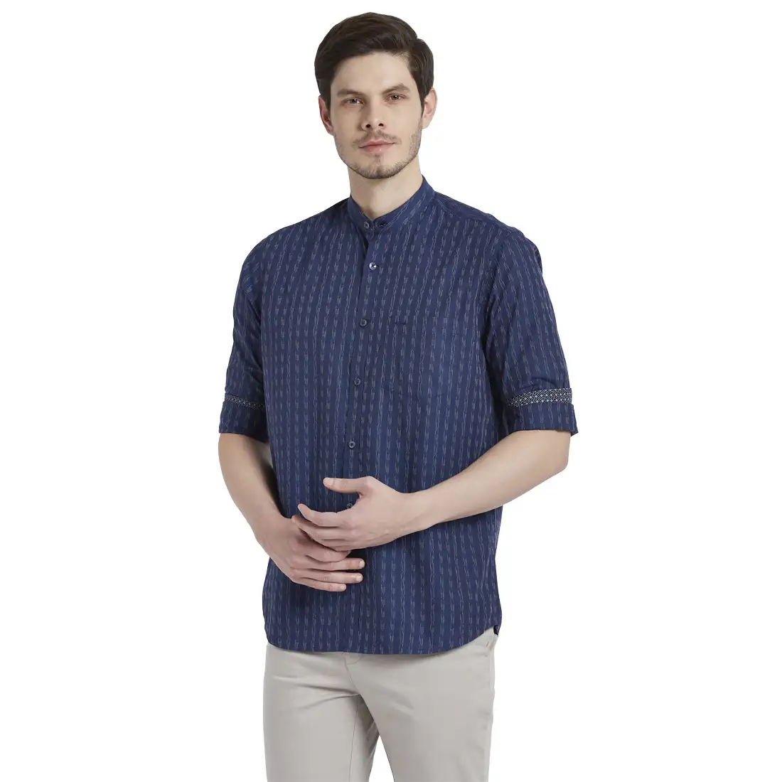 Men Blue Tailored Fit Stripe Cotton Full Sleeve Shirts - Image 3