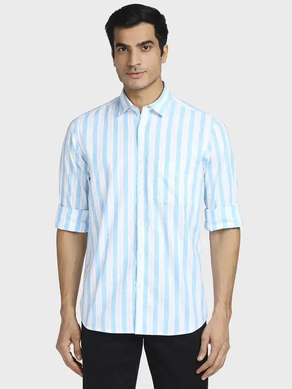 Men Blue Tailored Fit Stripe Cotton Full Sleeve Shirts
