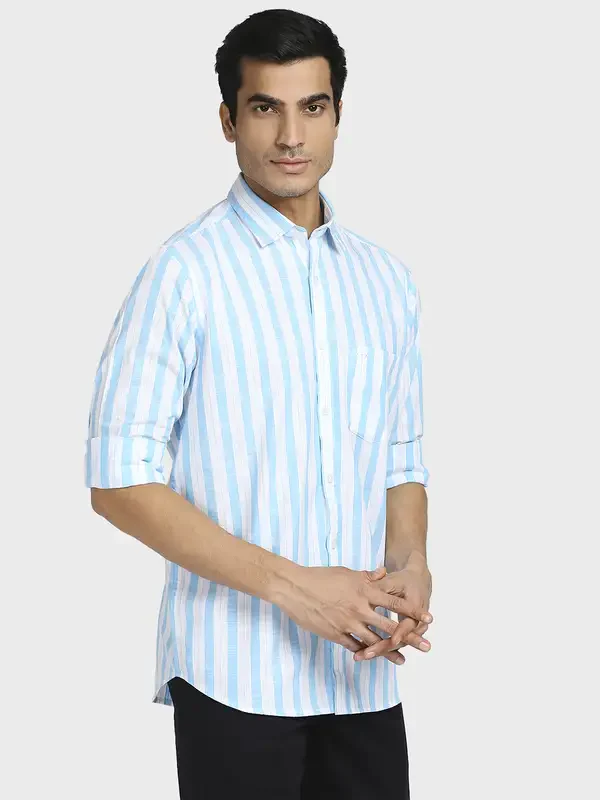 Men Blue Tailored Fit Stripe Cotton Full Sleeve Shirts - Image 2