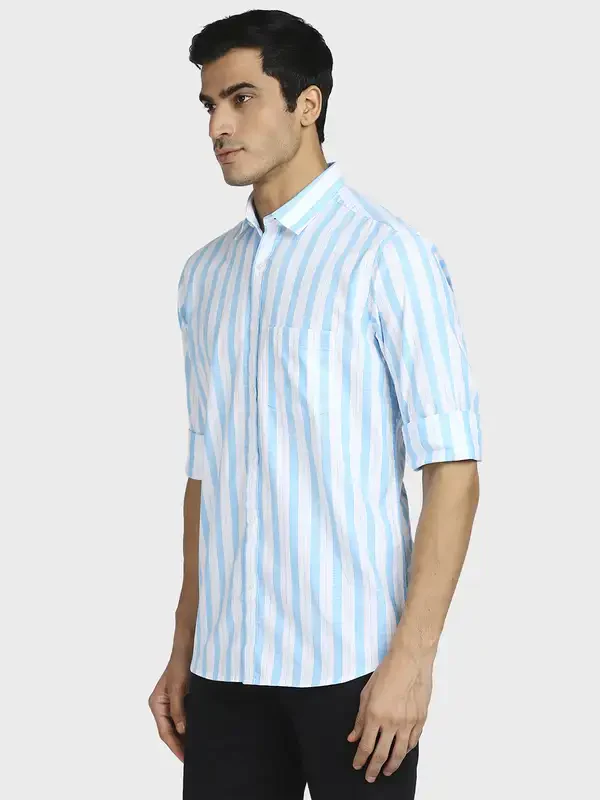 Men Blue Tailored Fit Stripe Cotton Full Sleeve Shirts - Image 3