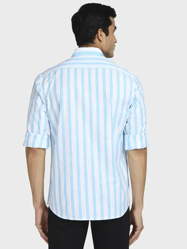 Men Blue Tailored Fit Stripe Cotton Full Sleeve Shirts - Image 4