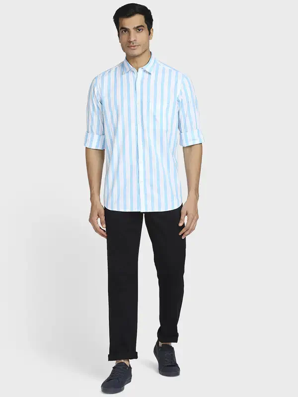Men Blue Tailored Fit Stripe Cotton Full Sleeve Shirts - Image 5