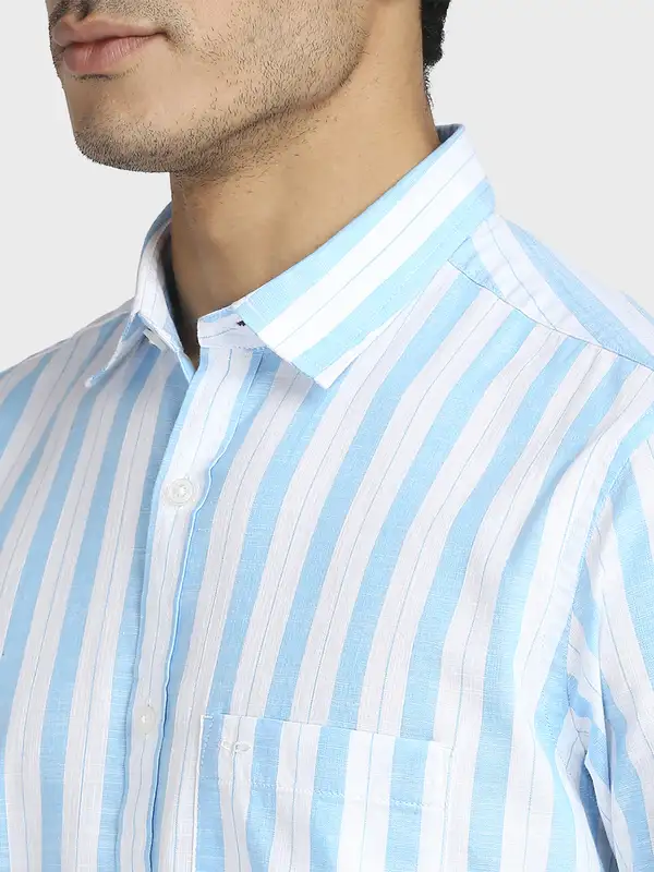 Men Blue Tailored Fit Stripe Cotton Full Sleeve Shirts - Image 6
