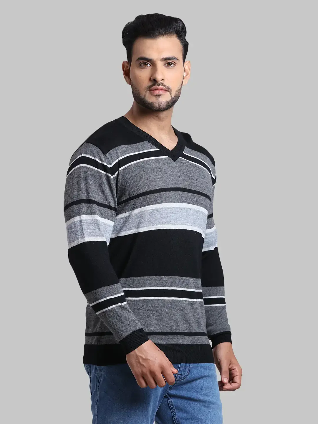 Men Blue Tailored Fit Stripe Cotton Full Sleeve V Neck Collar Sweaters - Image 2