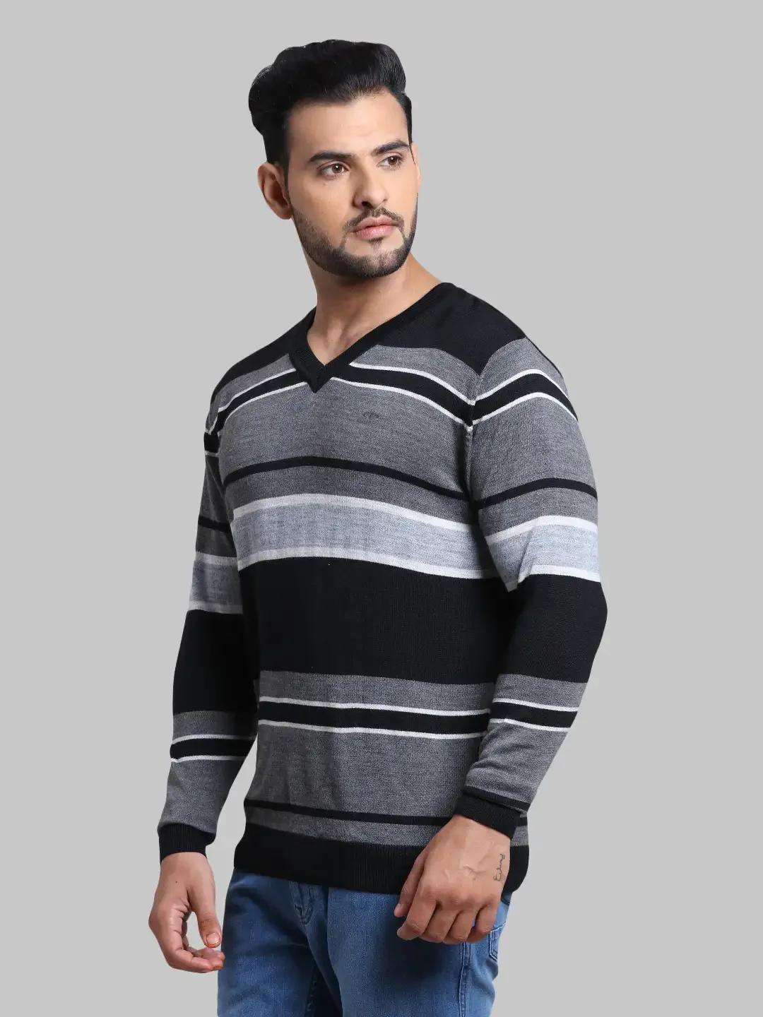 Men Blue Tailored Fit Stripe Cotton Full Sleeve V Neck Collar Sweaters - Image 3