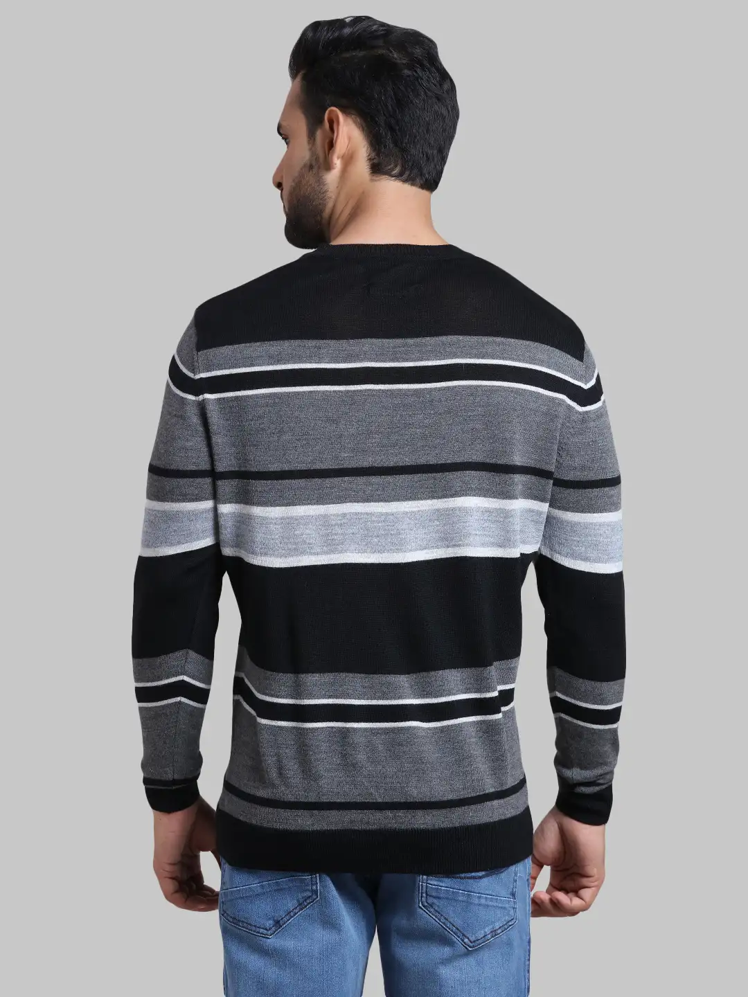 Men Blue Tailored Fit Stripe Cotton Full Sleeve V Neck Collar Sweaters - Image 4