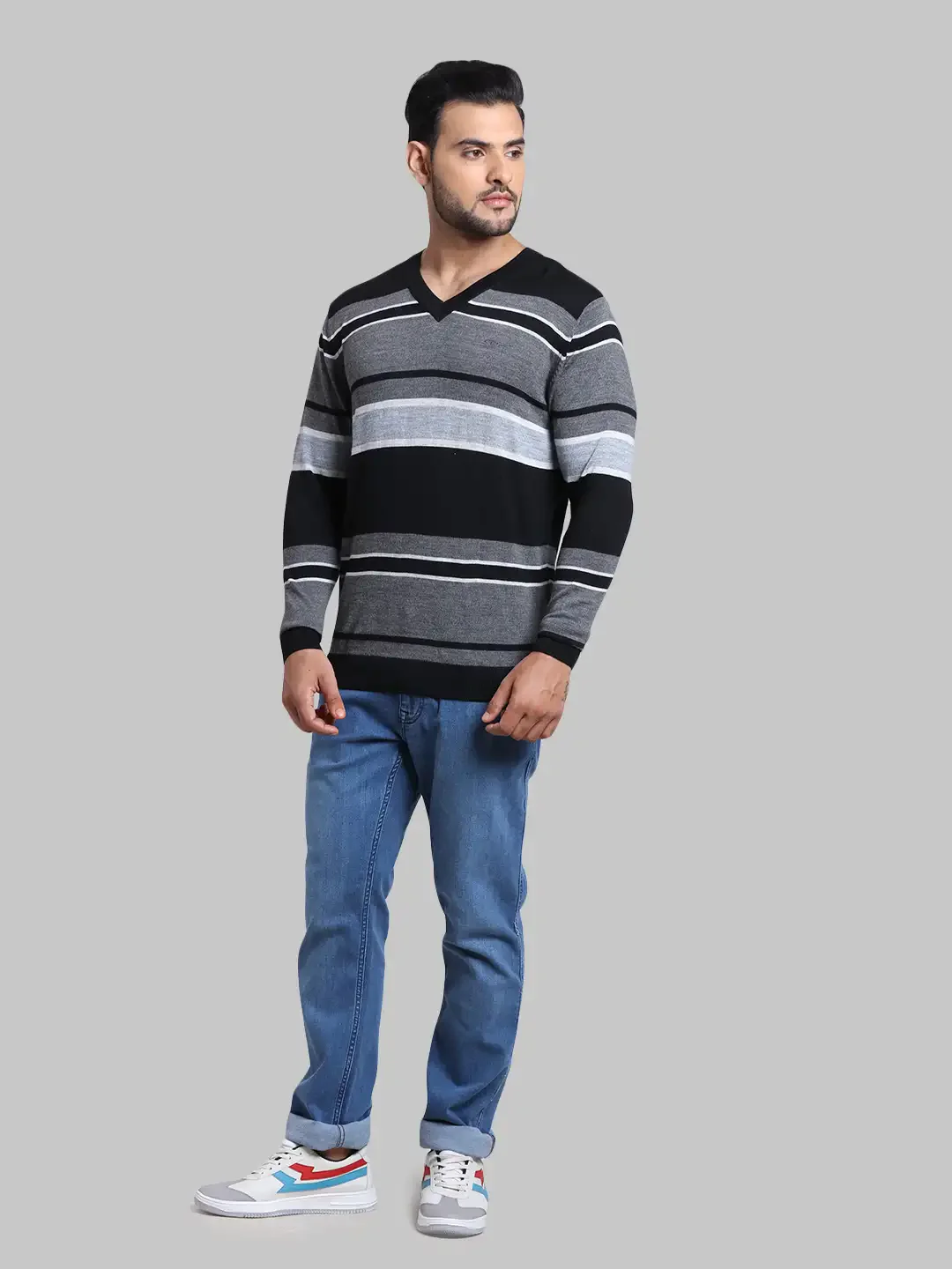 Men Blue Tailored Fit Stripe Cotton Full Sleeve V Neck Collar Sweaters - Image 5