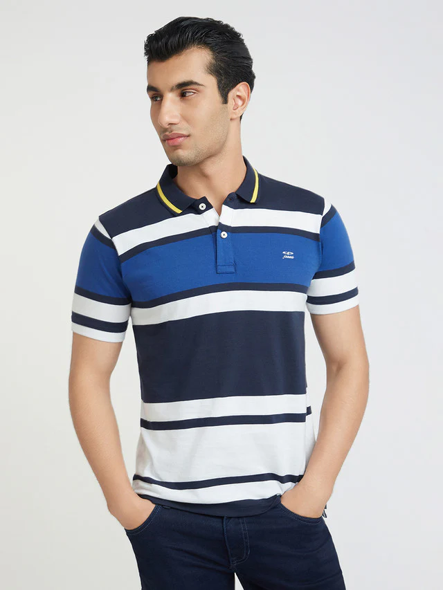 Colorplus Men Blue Tailored Fit Stripe Cotton Polo T-Shirt