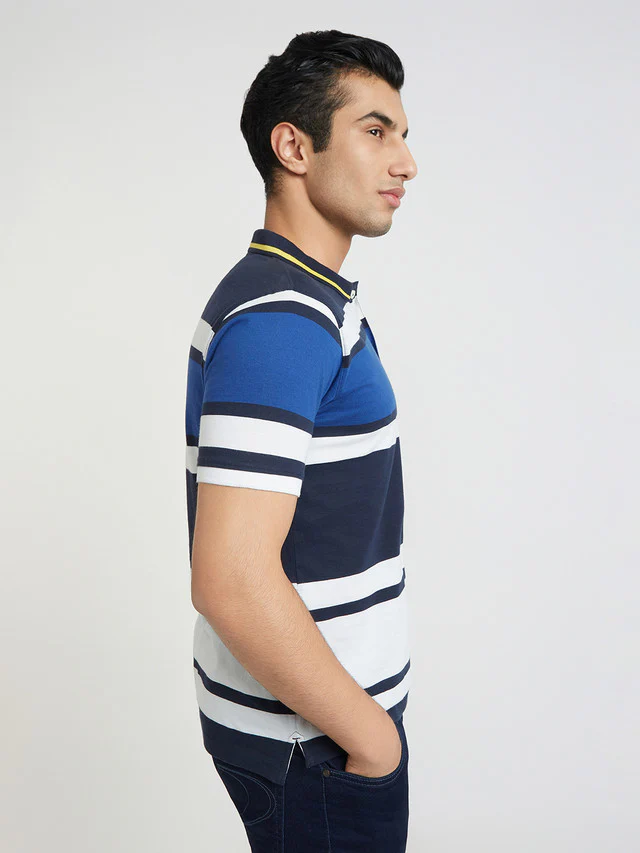 Colorplus Men Blue Tailored Fit Stripe Cotton Polo T-Shirt - Image 2