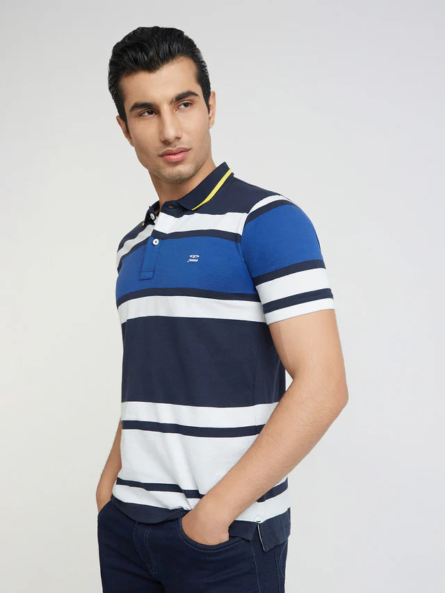 Colorplus Men Blue Tailored Fit Stripe Cotton Polo T-Shirt - Image 3