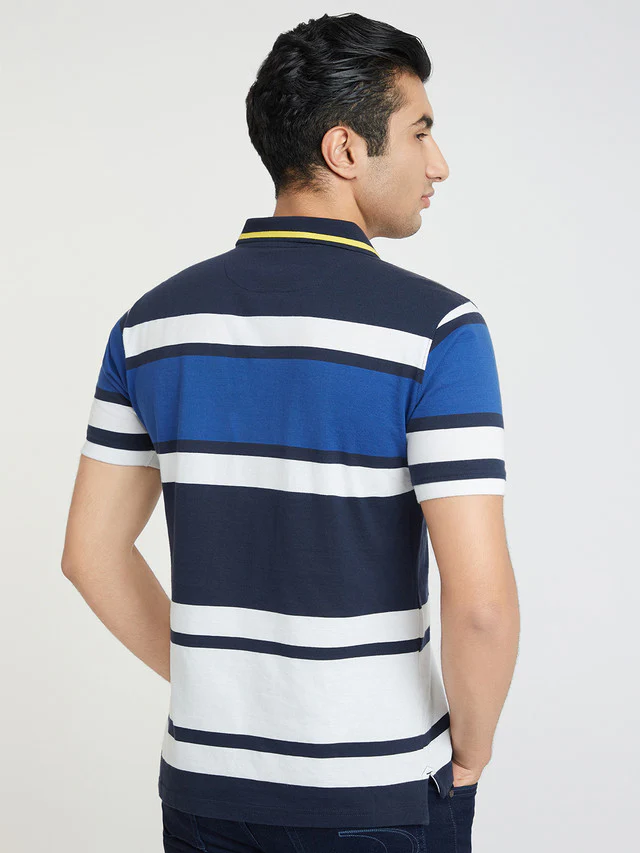 Colorplus Men Blue Tailored Fit Stripe Cotton Polo T-Shirt - Image 4