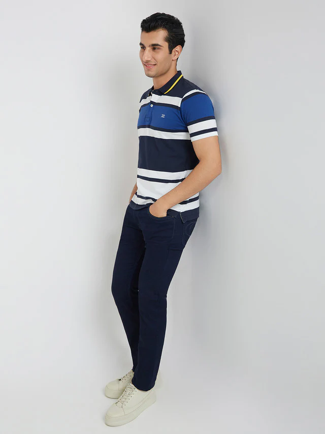 Colorplus Men Blue Tailored Fit Stripe Cotton Polo T-Shirt - Image 5