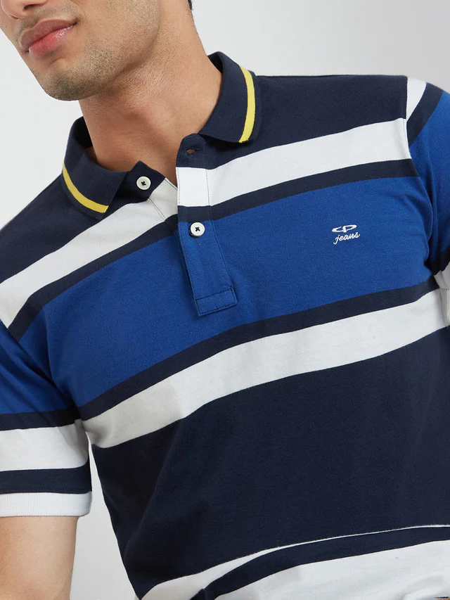 Colorplus Men Blue Tailored Fit Stripe Cotton Polo T-Shirt - Image 6