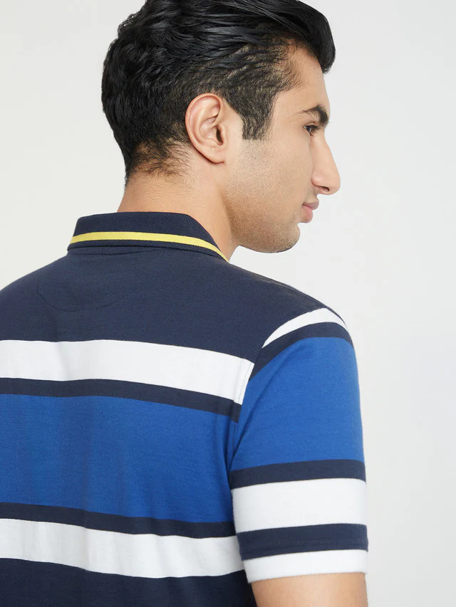 Colorplus Men Blue Tailored Fit Stripe Cotton Polo T-Shirt - Image 7