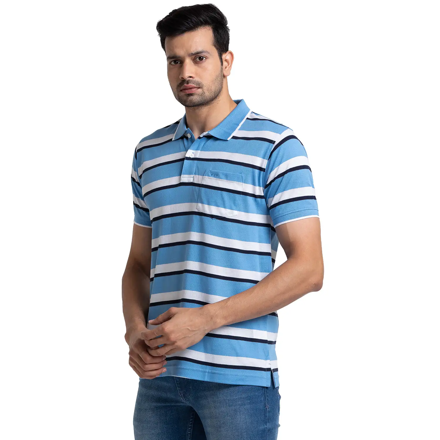 Colorplus Men Blue Tailored Fit Stripe Polo Neck Collar T-Shirt - Image 3