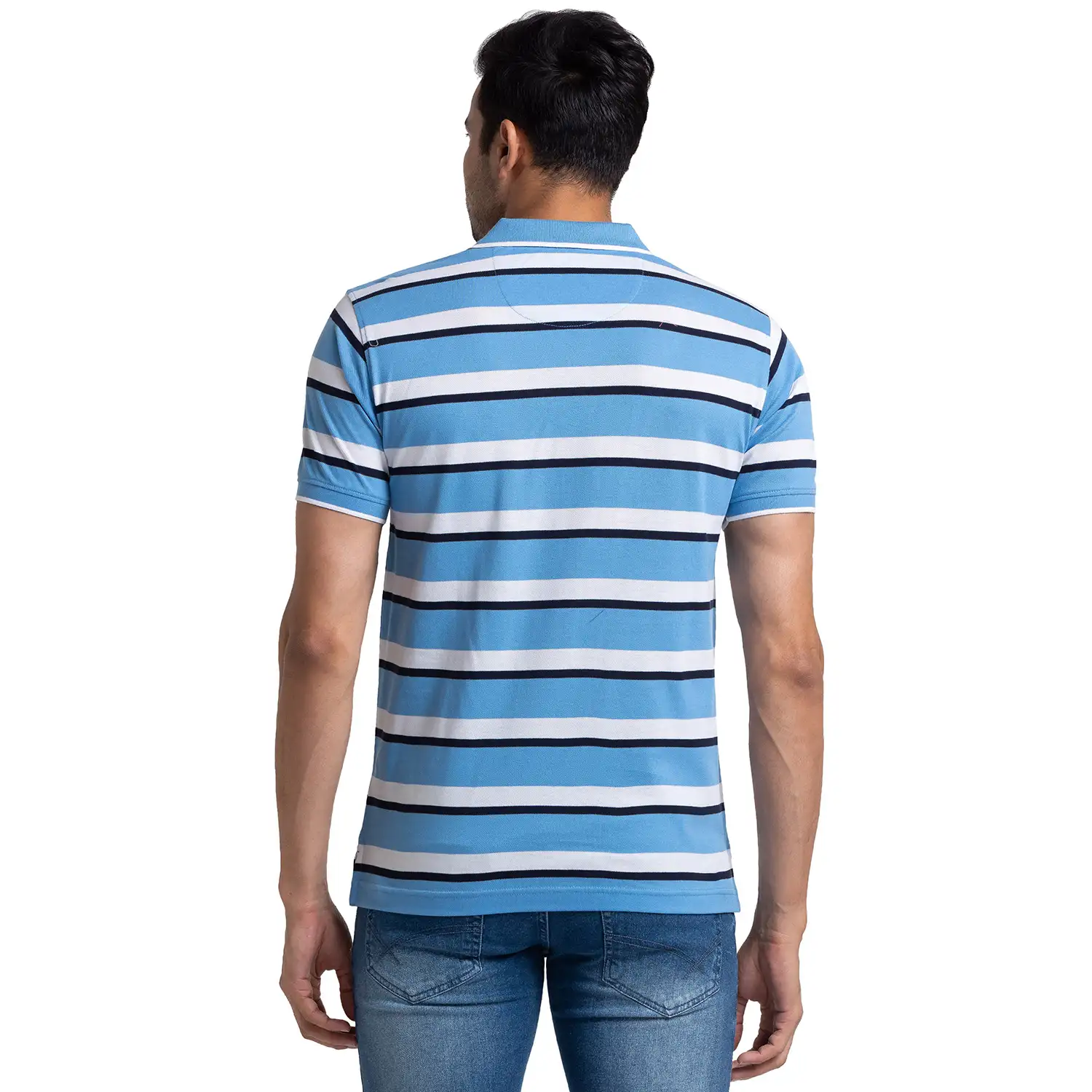 Colorplus Men Blue Tailored Fit Stripe Polo Neck Collar T-Shirt - Image 4