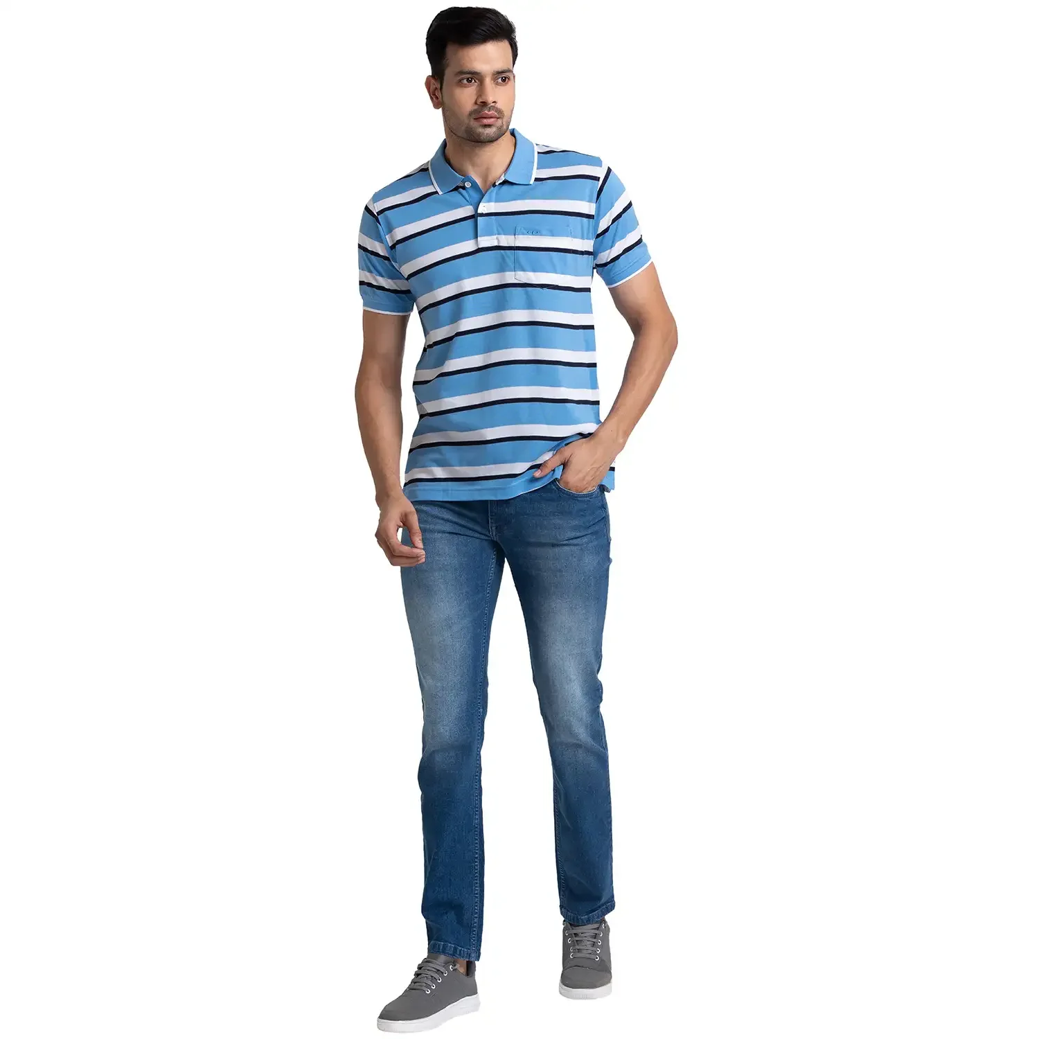 Colorplus Men Blue Tailored Fit Stripe Polo Neck Collar T-Shirt - Image 5