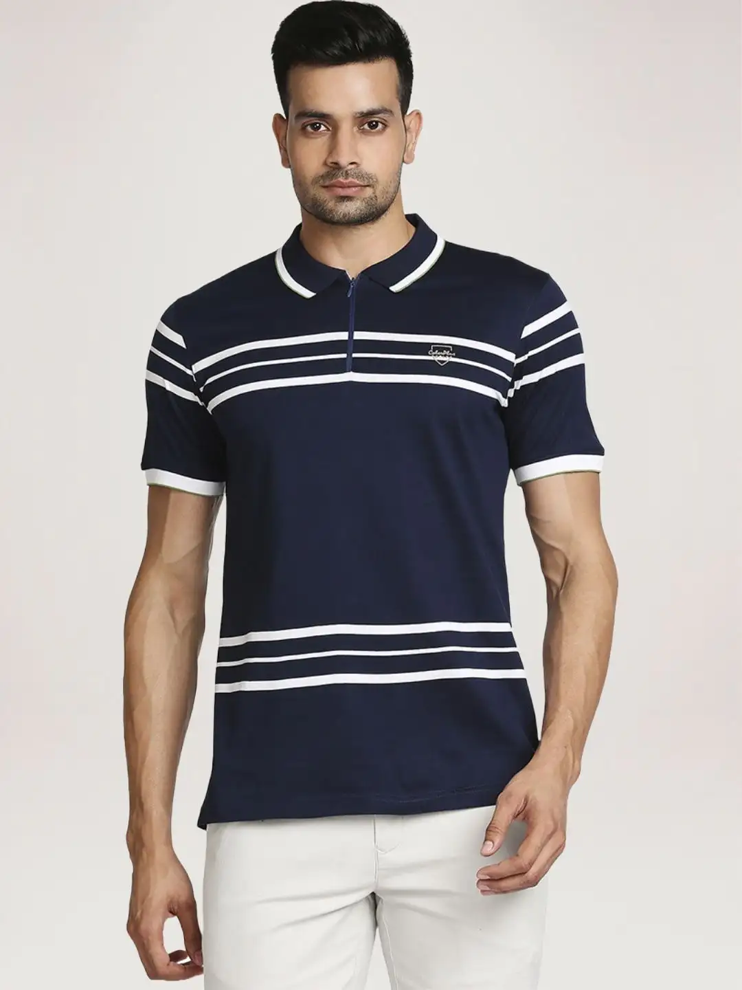 Men Blue Tailored Fit Stripe Cotton Half Sleeve T-Shirt