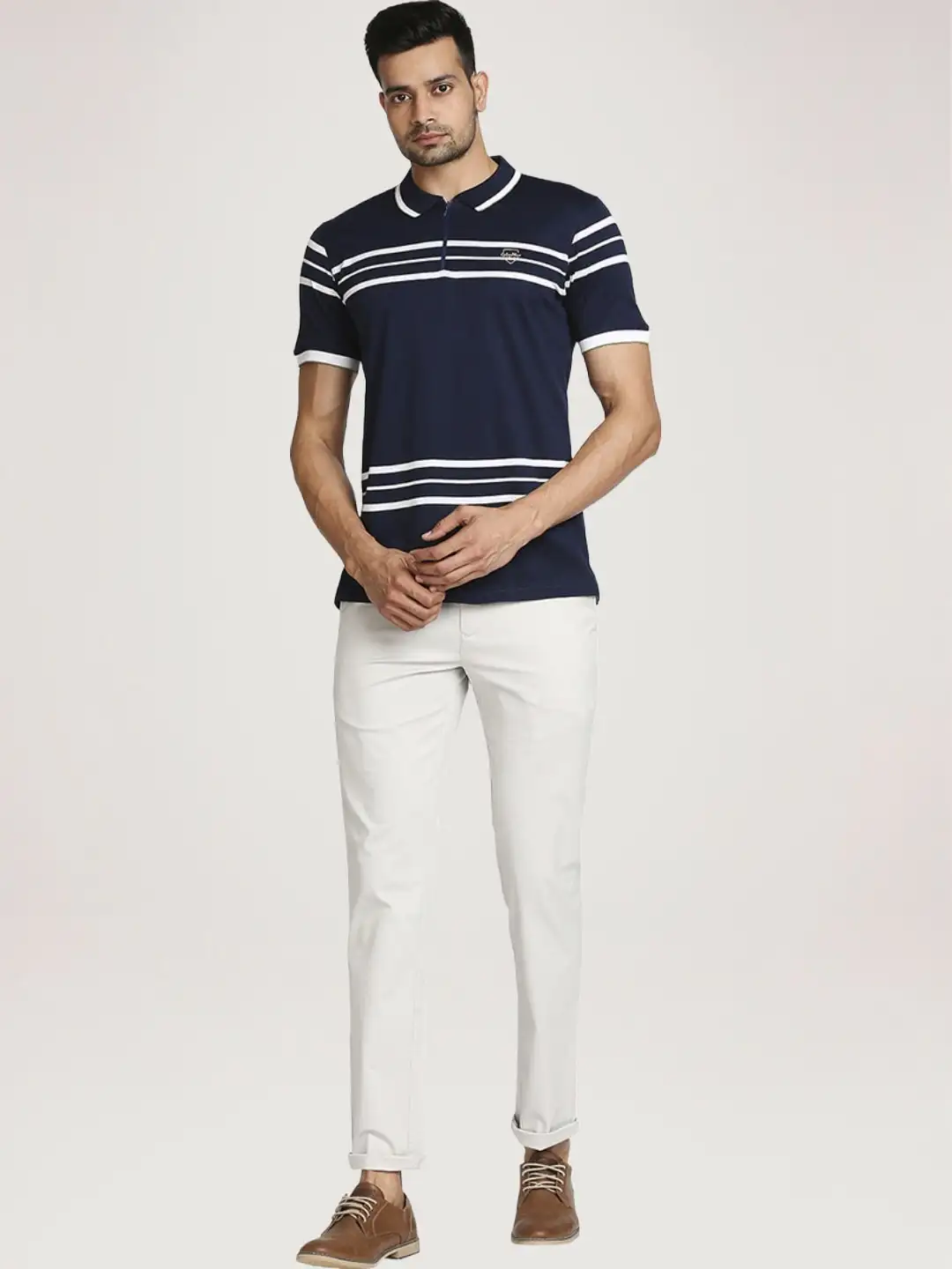 Men Blue Tailored Fit Stripe Cotton Half Sleeve T-Shirt - Image 2