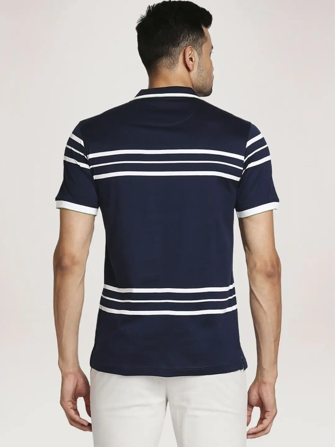 Men Blue Tailored Fit Stripe Cotton Half Sleeve T-Shirt - Image 3