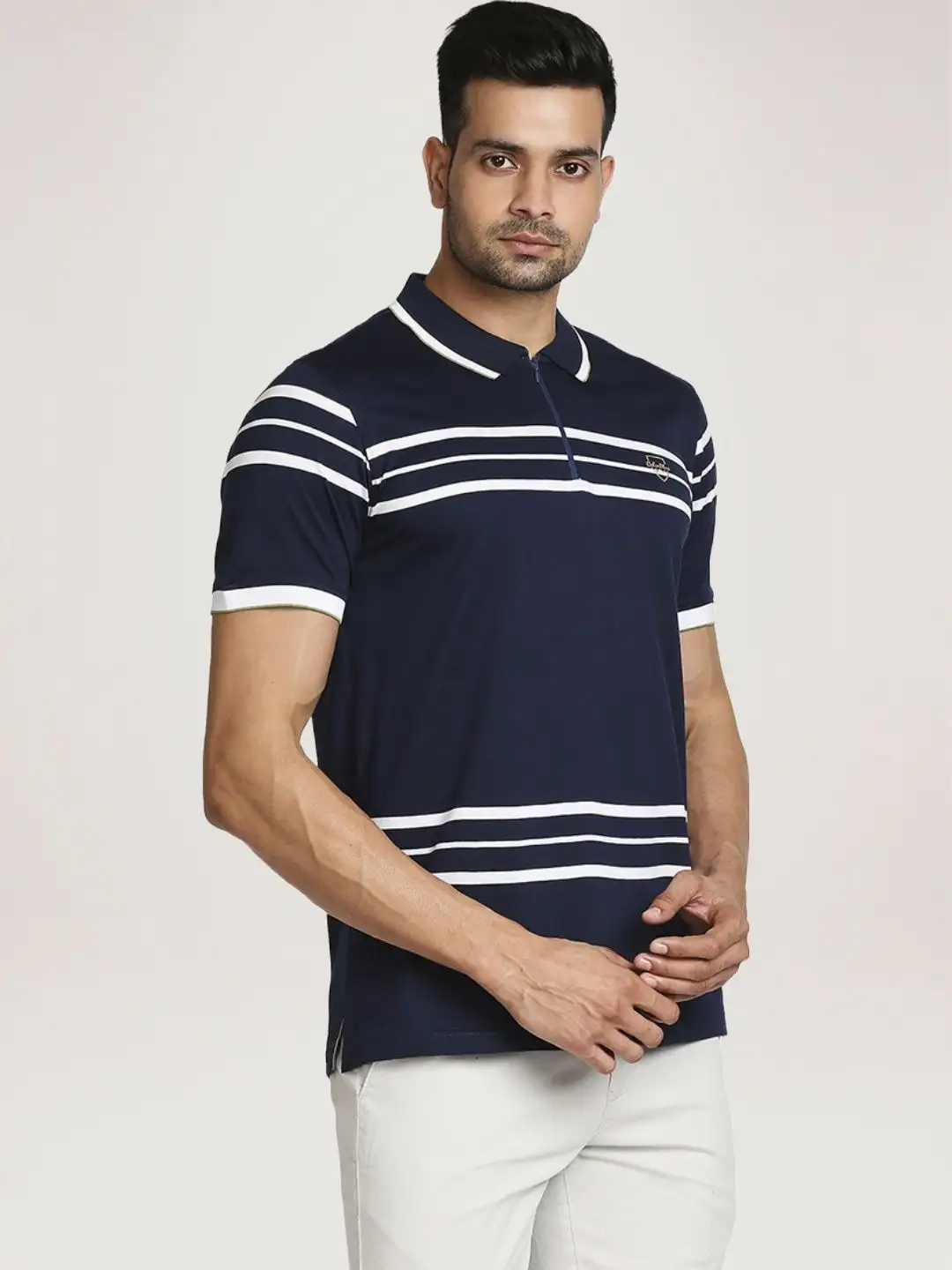 Men Blue Tailored Fit Stripe Cotton Half Sleeve T-Shirt - Image 4