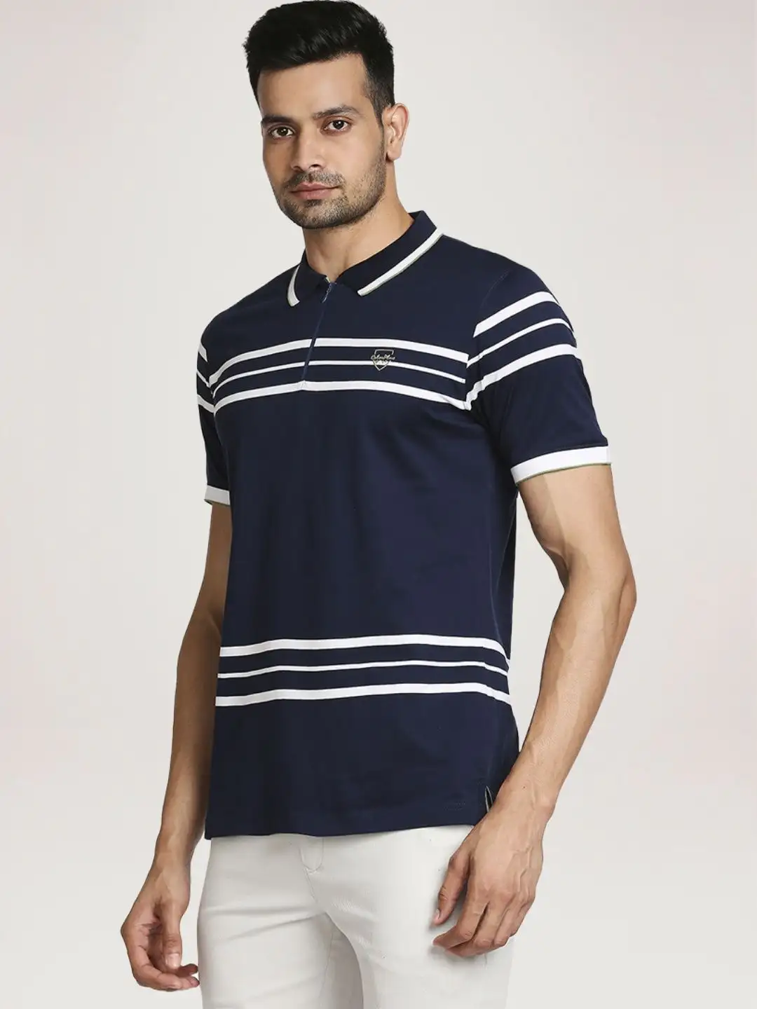 Men Blue Tailored Fit Stripe Cotton Half Sleeve T-Shirt - Image 5