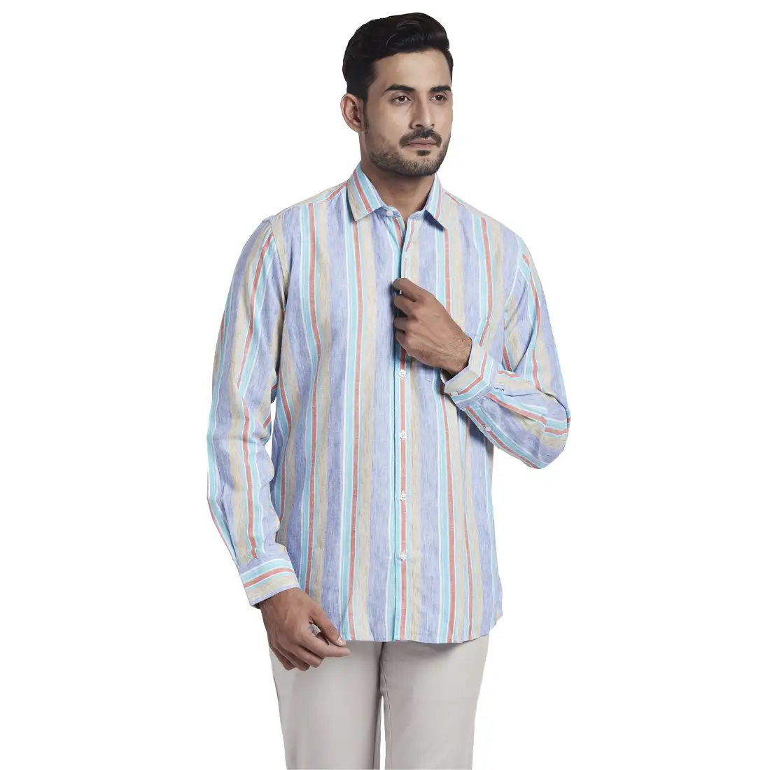 Men Blue Tailored Fit Stripe Lyocell Blend Full Sleeve Shirts