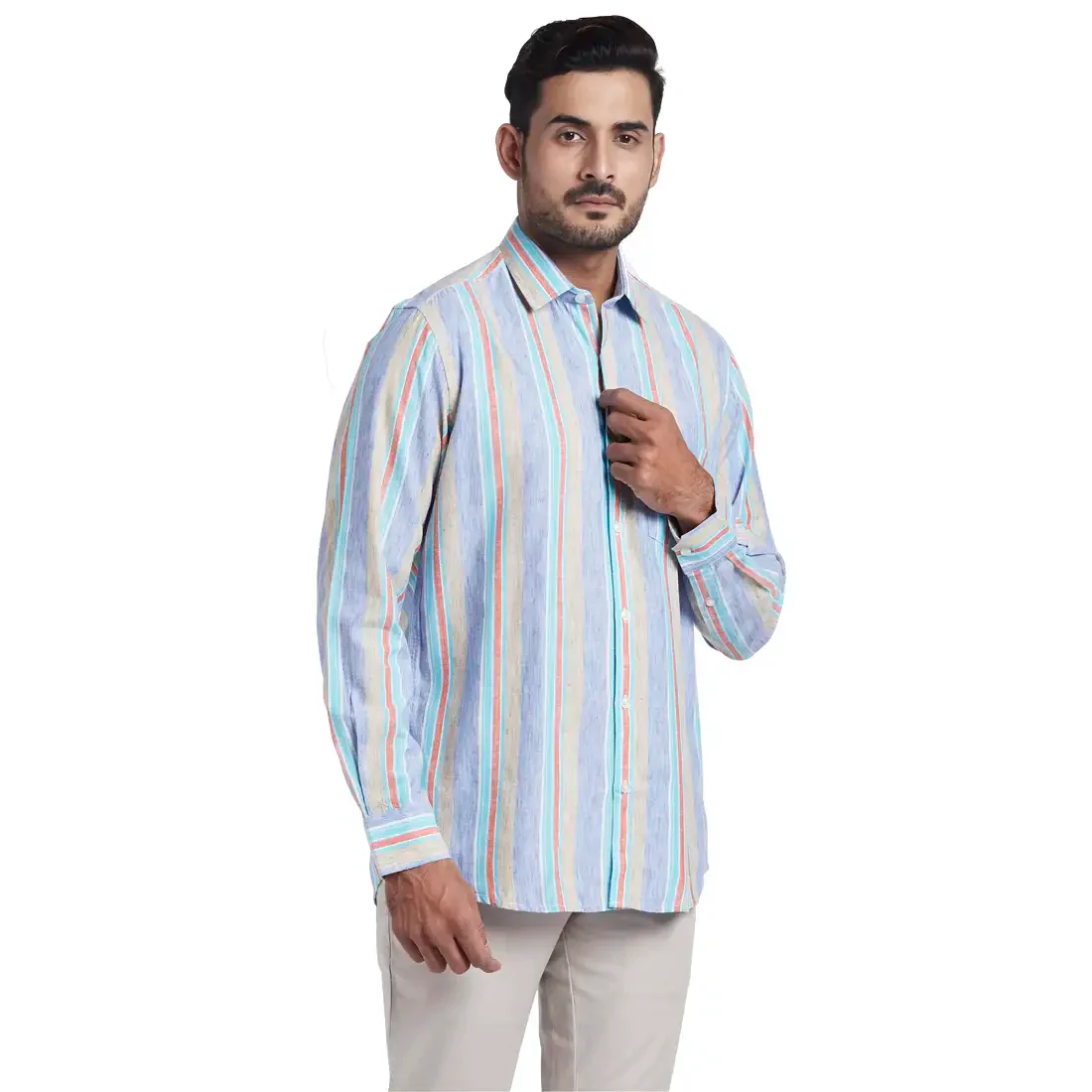 Men Blue Tailored Fit Stripe Lyocell Blend Full Sleeve Shirts - Image 2