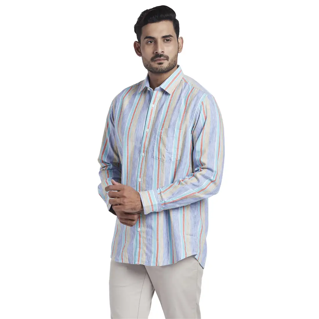 Men Blue Tailored Fit Stripe Lyocell Blend Full Sleeve Shirts - Image 3