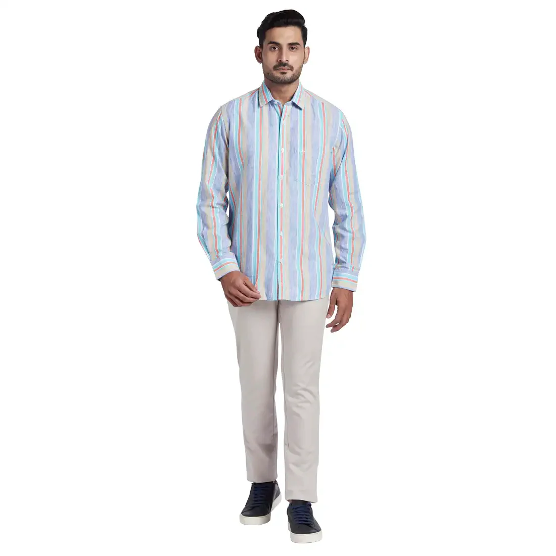 Men Blue Tailored Fit Stripe Lyocell Blend Full Sleeve Shirts - Image 5