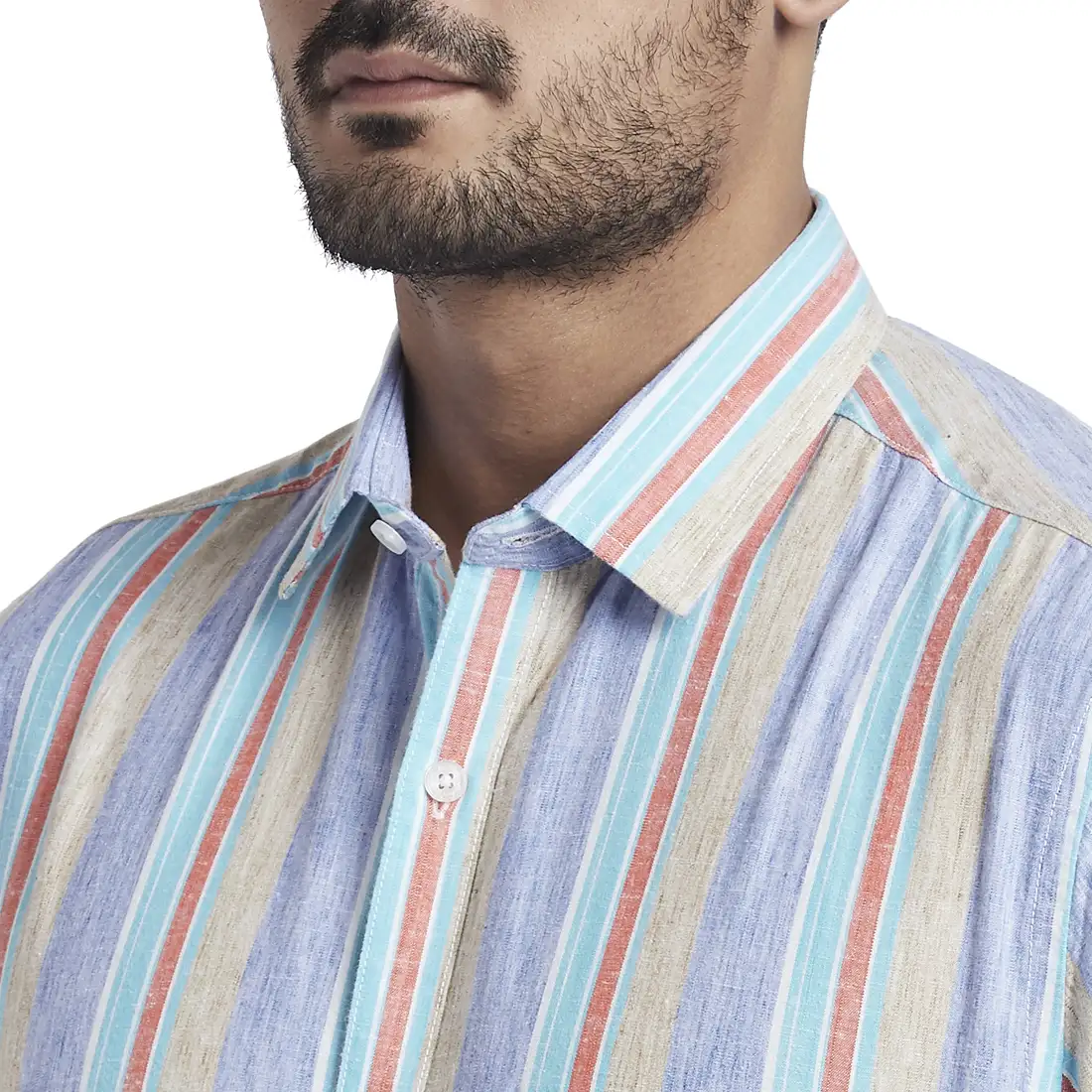 Men Blue Tailored Fit Stripe Lyocell Blend Full Sleeve Shirts - Image 6
